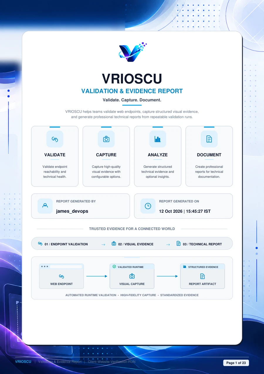 Cover of the actual 23-page VRIOSCU Validation and Evidence Report