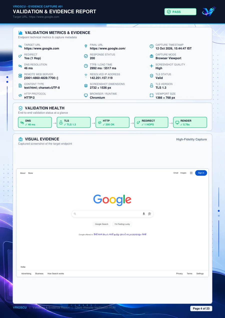 Actual VRIOSCU report page 4: DNS, TLS, HTTP, redirects, timings and the captured page.